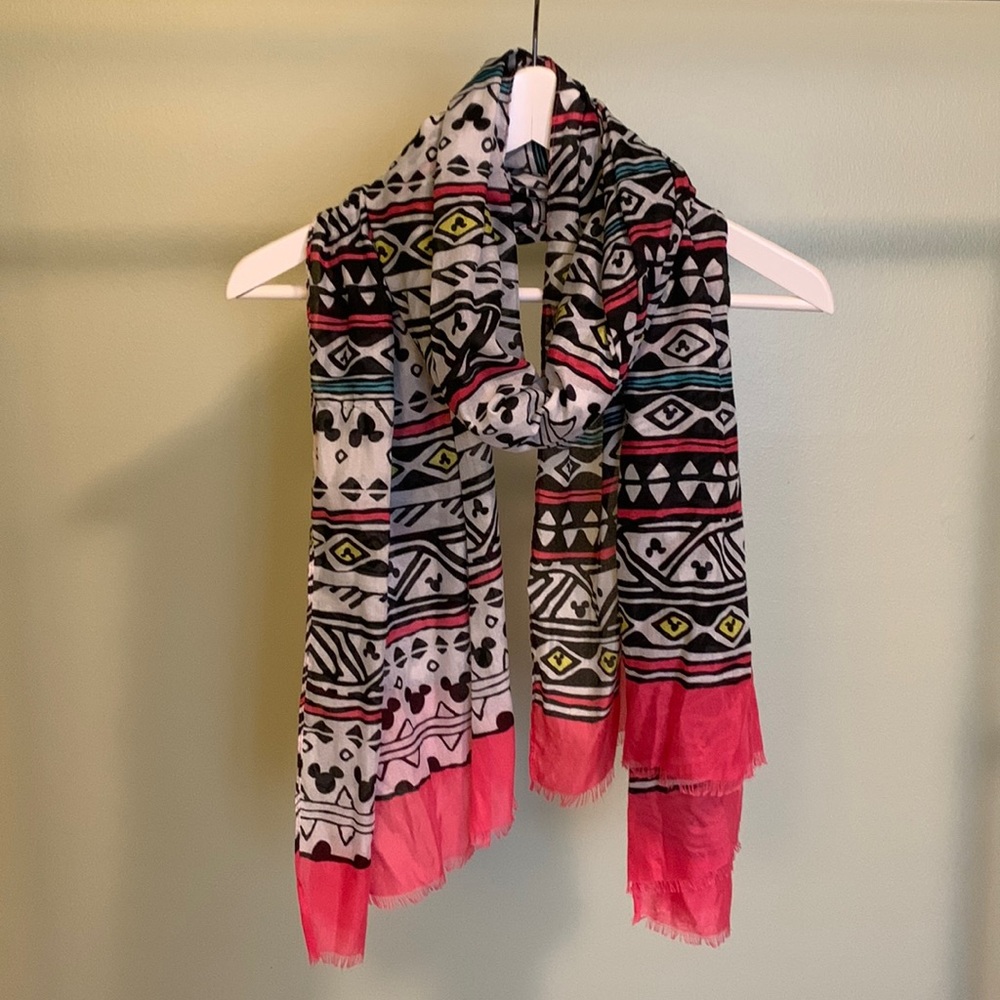Disney geometric patterned Mickey Mouse scarf with pink fringe.